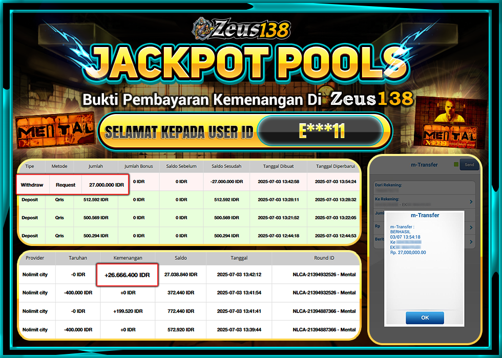 ZEUS138 MENTAL Rp.27.000.000, -