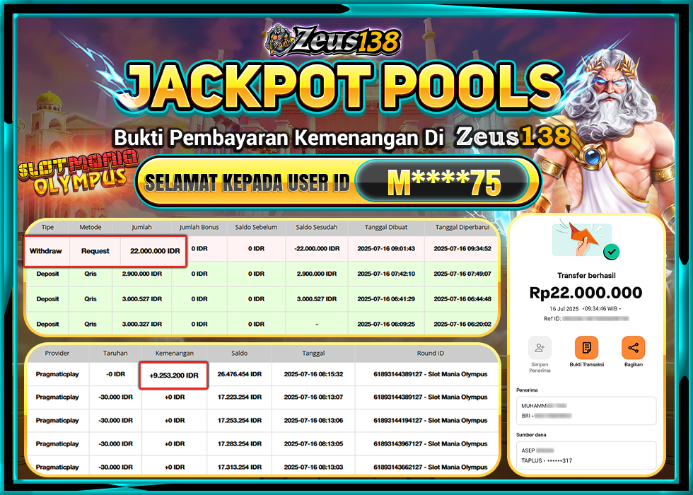 ZEUS138 SLOT MANIA OLYMPUS Rp.22.000.000,-LUNAS