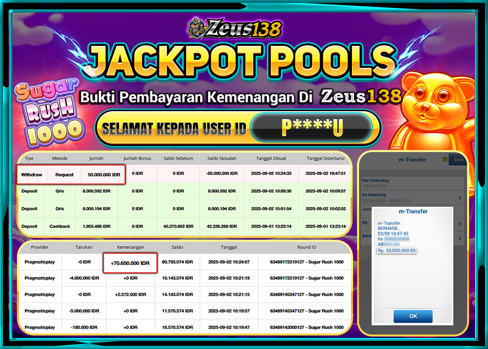 ZEUS138 SUGAR RUSH 1000 RP.50.000.000 LUNAS