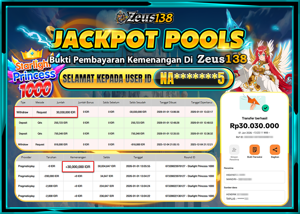 ZEUS138 STARLIGHT PRINCESS 1000 Rp.30,030,000 LUNAS